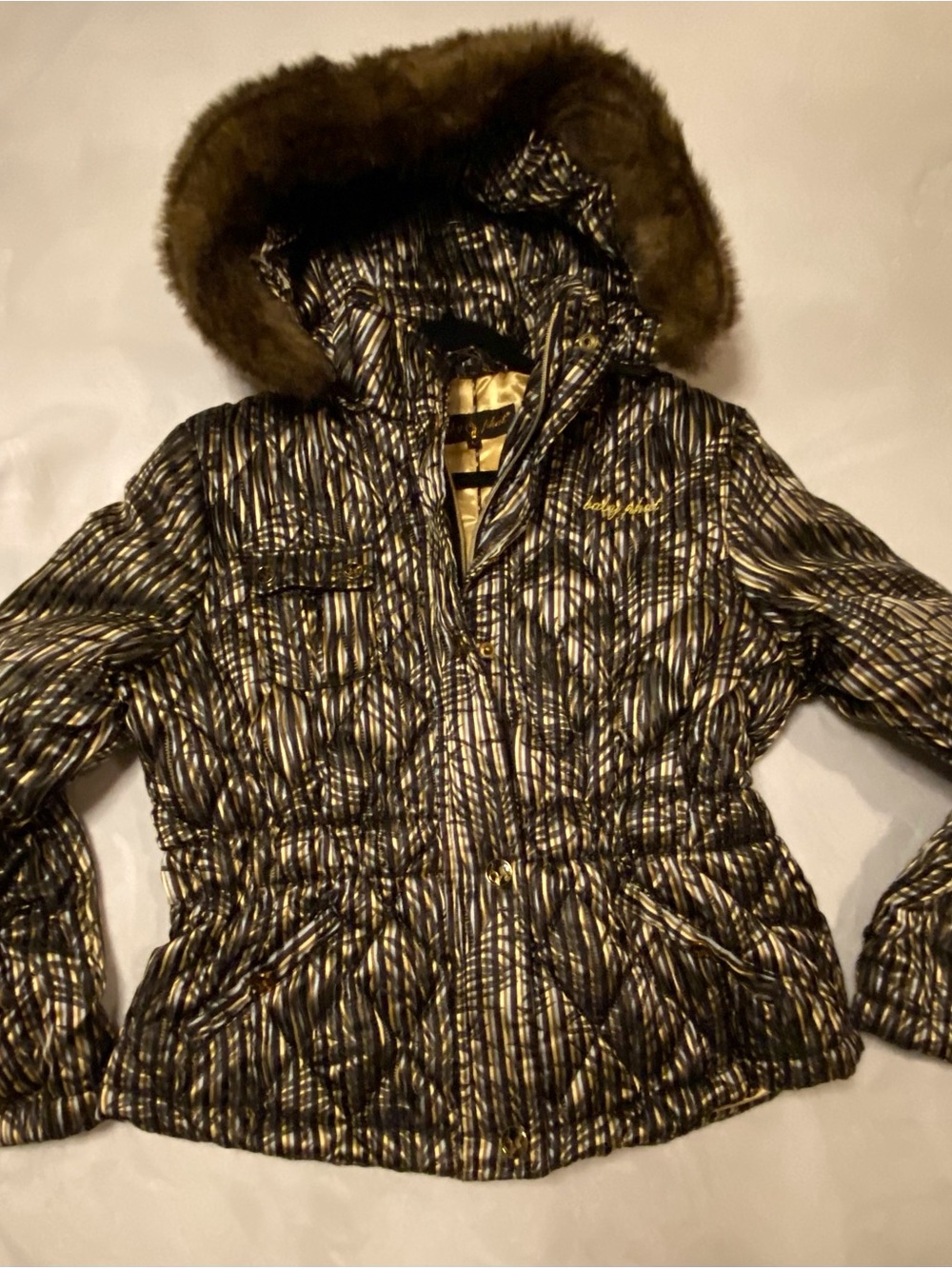Baby Phat Black and Gold Metallic Puffer Coat with Faux Fur Hood